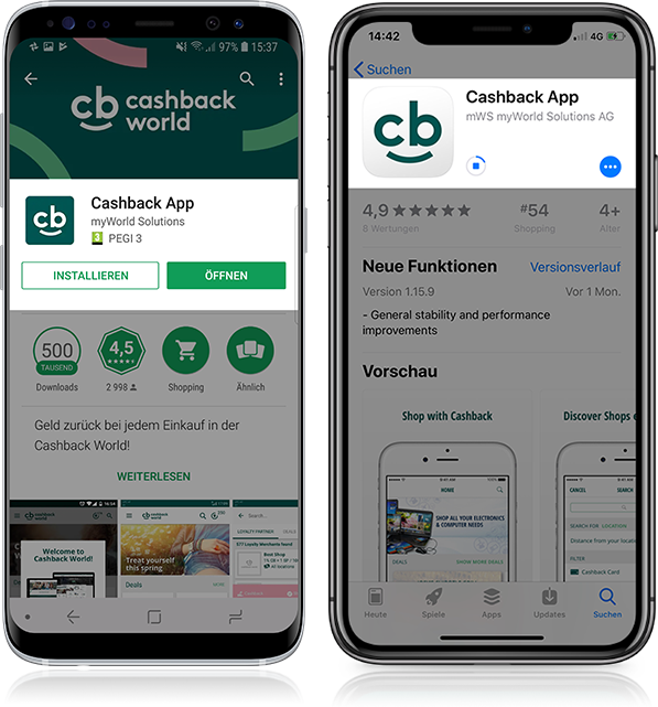 Installiere die kostenlose Cashback App
